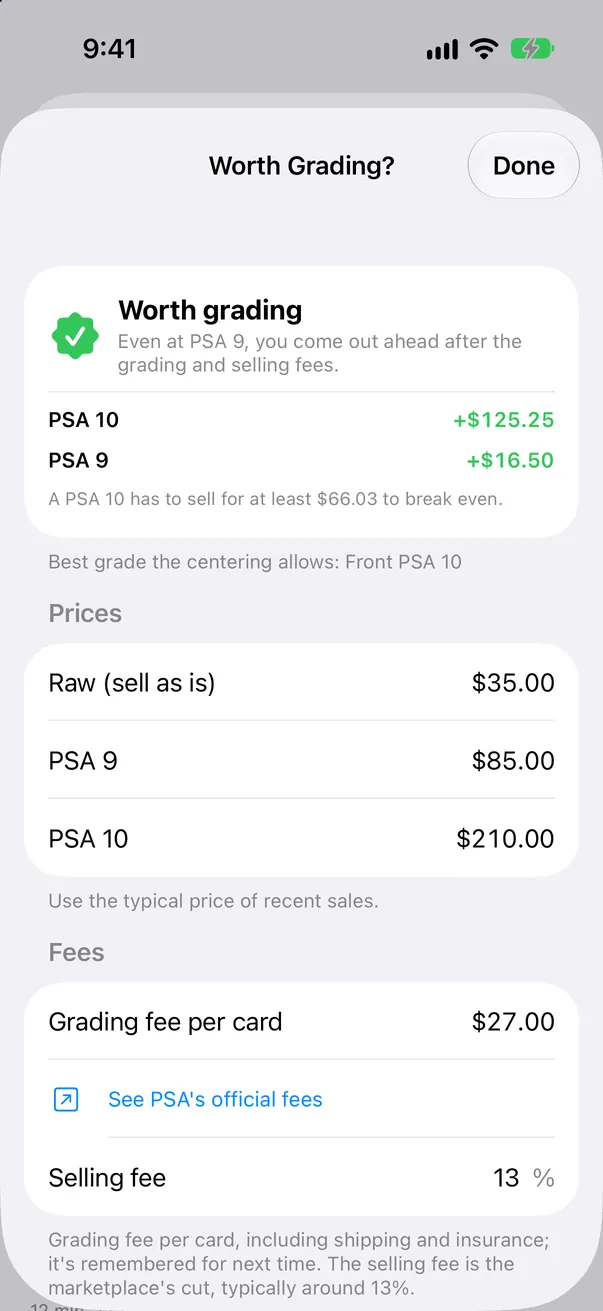 Worth Grading? screen comparing selling raw with PSA 9 and PSA 10